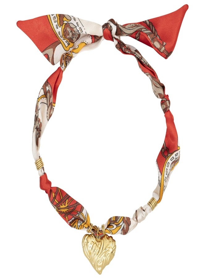 DoDoBeads Scarf Charm Necklace - Golden Heart - Red Vintage Scarf Necklace with Sculpted Stainless Steel Heart Pendant - Image 1